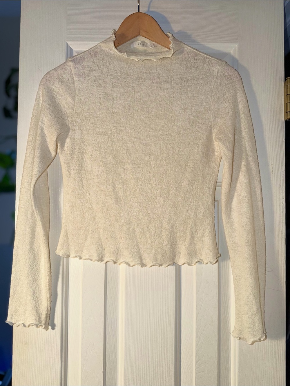 Lush Cream Long Sleeve Lettuce-Edge Mock Neck Top